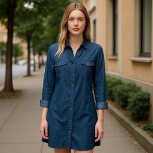 Sacred Threads Denim Shirt Dress Womens OS One Size Button Down Casual‎